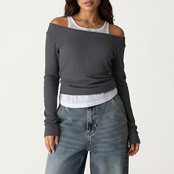Off Shoulder Long Sleeve Layered Knit Top with Relaxed Fit