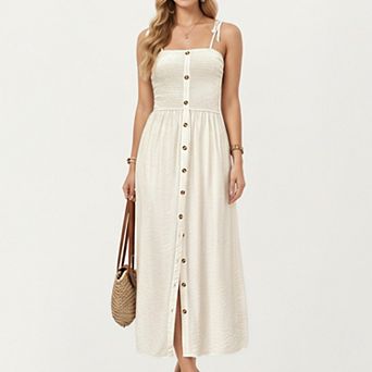 Smocked Bodice Button Front Maxi Dress with Tie Shoulder Straps