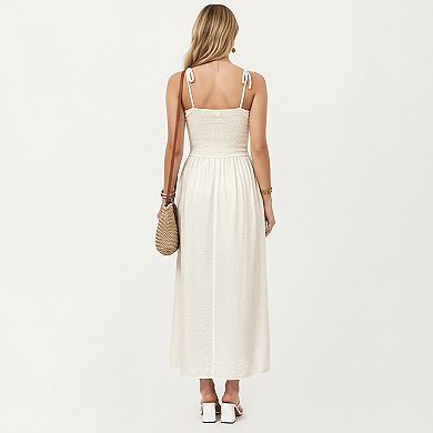 Smocked Bodice Button Front Maxi Dress with Tie Shoulder Straps