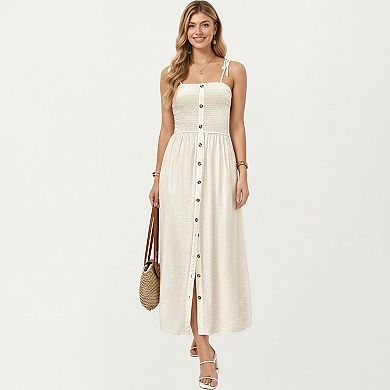 Smocked Bodice Button Front Maxi Dress with Tie Shoulder Straps