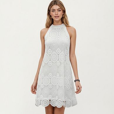 Halter Neck Lace A Line Dress with Scalloped Hem Detail