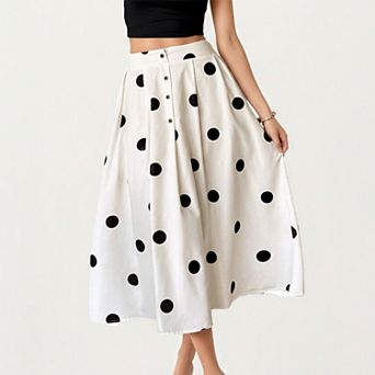 Polka Dot Midi Skirt with Button Front and Flowy A Line Silhouette