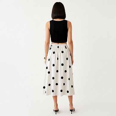 Polka Dot Midi Skirt with Button Front and Flowy A Line Silhouette