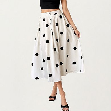Polka Dot Midi Skirt with Button Front and Flowy A Line Silhouette