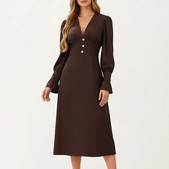 Long Sleeve V Neck Midi Dress with Button Detail and Flared Cuffs