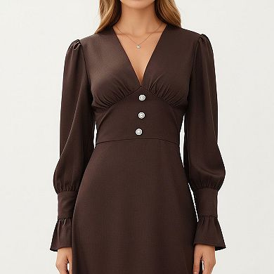 Long Sleeve V Neck Midi Dress with Button Detail and Flared Cuffs