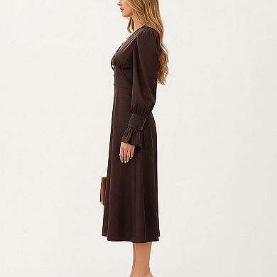 Long Sleeve V Neck Midi Dress with Button Detail and Flared Cuffs