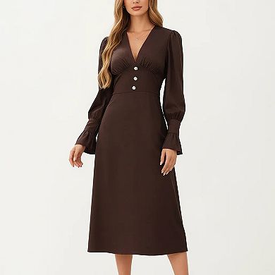 Long Sleeve V Neck Midi Dress with Button Detail and Flared Cuffs