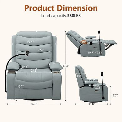 CEWOR Power Swivel Recliner with Heated Lumbar Support, Smart Temperature Cup Holder Adjustable Arms