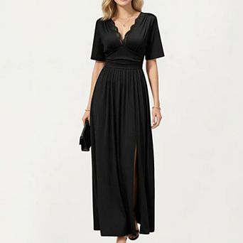 Short Sleeve Lace Trim Maxi Dress with V Neckline and Side Slit