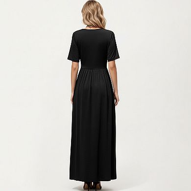 Short Sleeve Lace Trim Maxi Dress with V Neckline and Side Slit