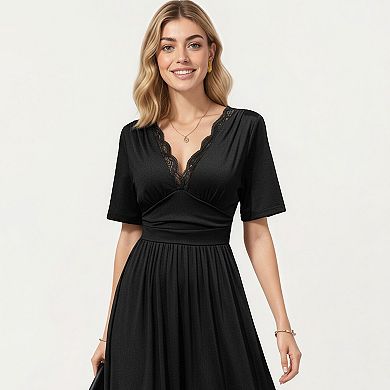Short Sleeve Lace Trim Maxi Dress with V Neckline and Side Slit