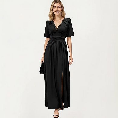 Short Sleeve Lace Trim Maxi Dress with V Neckline and Side Slit
