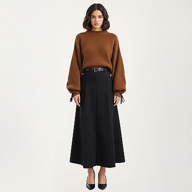 High Waist A-Line Maxi Skirt with Belted Waist and Structured Panels