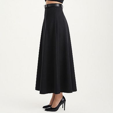 High Waist A-Line Maxi Skirt with Belted Waist and Structured Panels
