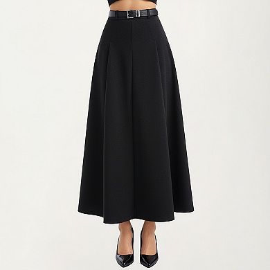 High Waist A-Line Maxi Skirt with Belted Waist and Structured Panels