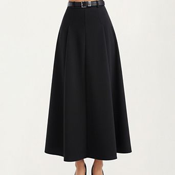 High Waist A-Line Maxi Skirt with Belted Waist and Structured Panels