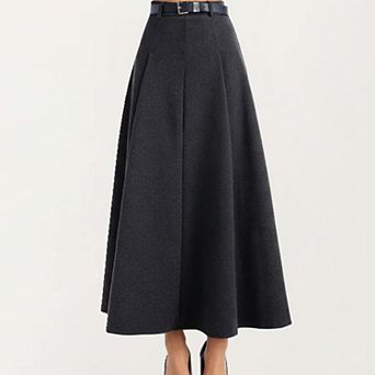 High Waist A-Line Maxi Skirt with Belted Waist and Structured Panels