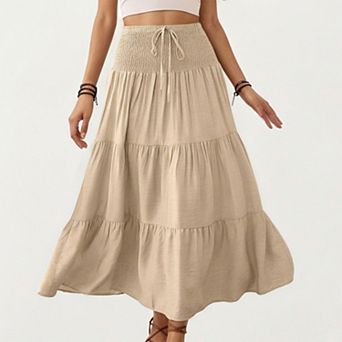 Smocked Waist Tiered Midi Skirt with Drawstring Detail and Flowy Silhouette