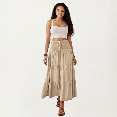 Smocked Waist Tiered Midi Skirt with Drawstring Detail and Flowy Silhouette