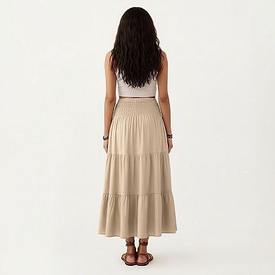 Smocked Waist Tiered Midi Skirt with Drawstring Detail and Flowy Silhouette