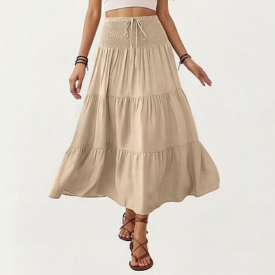Smocked Waist Tiered Midi Skirt with Drawstring Detail and Flowy Silhouette