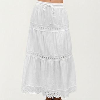 Tiered Eyelet Midi Skirt with Drawstring Waist and Lace Trim Detail