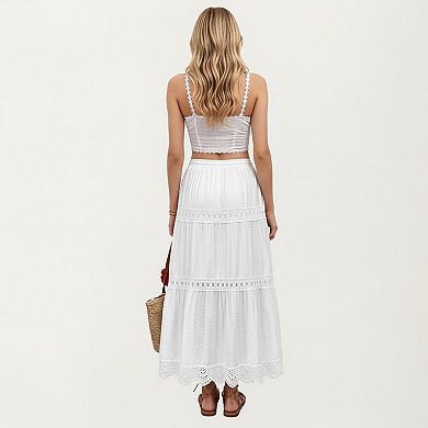 Tiered Eyelet Midi Skirt with Drawstring Waist and Lace Trim Detail