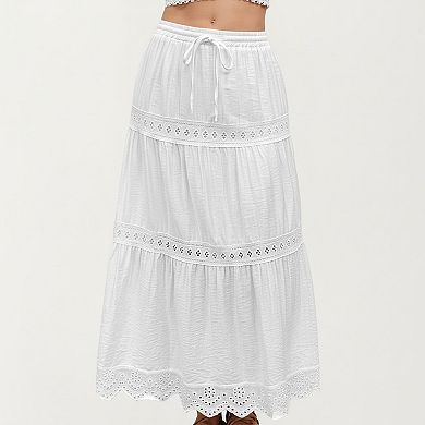 Tiered Eyelet Midi Skirt with Drawstring Waist and Lace Trim Detail