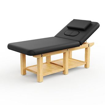 6-Legged Beechwood Massage Table - Facial Bed with Chest Opening, Black PU Leather for Spa Salon