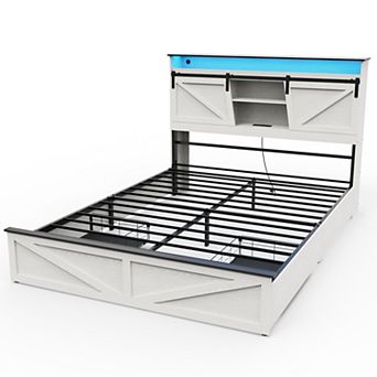 CEWOR Farmhouse White Bed Frame with Storage Headboard, 2 Drawers, USB Charging & RGB LED Lights