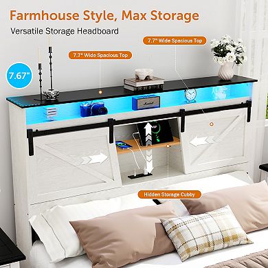 CEWOR Farmhouse White Bed Frame with Storage Headboard, 2 Drawers, USB Charging & RGB LED Lights