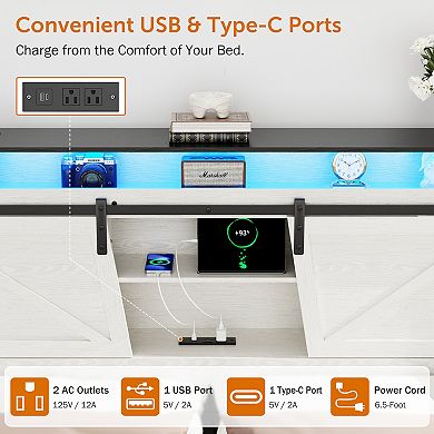 CEWOR Farmhouse White Bed Frame with Storage Headboard, 2 Drawers, USB Charging & RGB LED Lights
