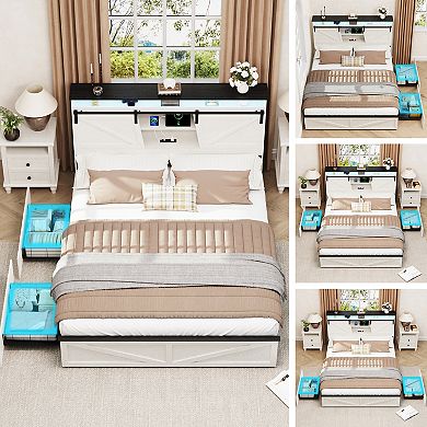 CEWOR Farmhouse White Bed Frame with Storage Headboard, 2 Drawers, USB Charging & RGB LED Lights