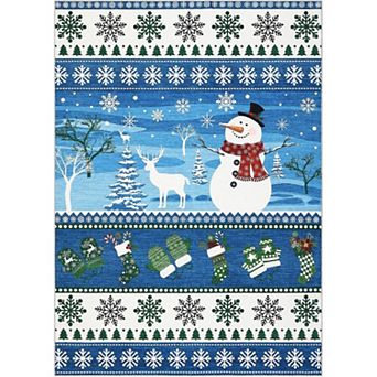 Washable Area Rug, Christmas Living Room Rug Holiday Rugs, Non Slip Snowman & Reindeer Xmas Carpet