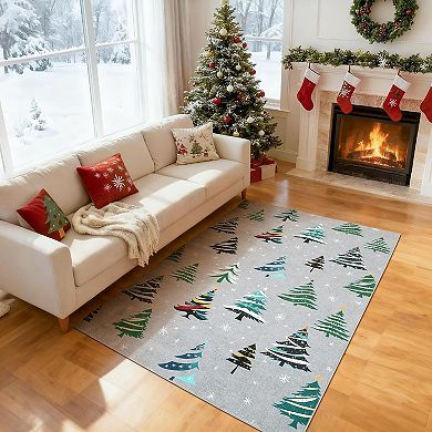 Christmas Rugs with Tree Pattern for Holiday Decor, Non Slip Low Pile Washable Rug for Dining Room