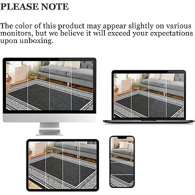 Modern Neutral Bordered Area Rugs, Soft Washable Non Slip Solid Geometric Large Throw Carpet