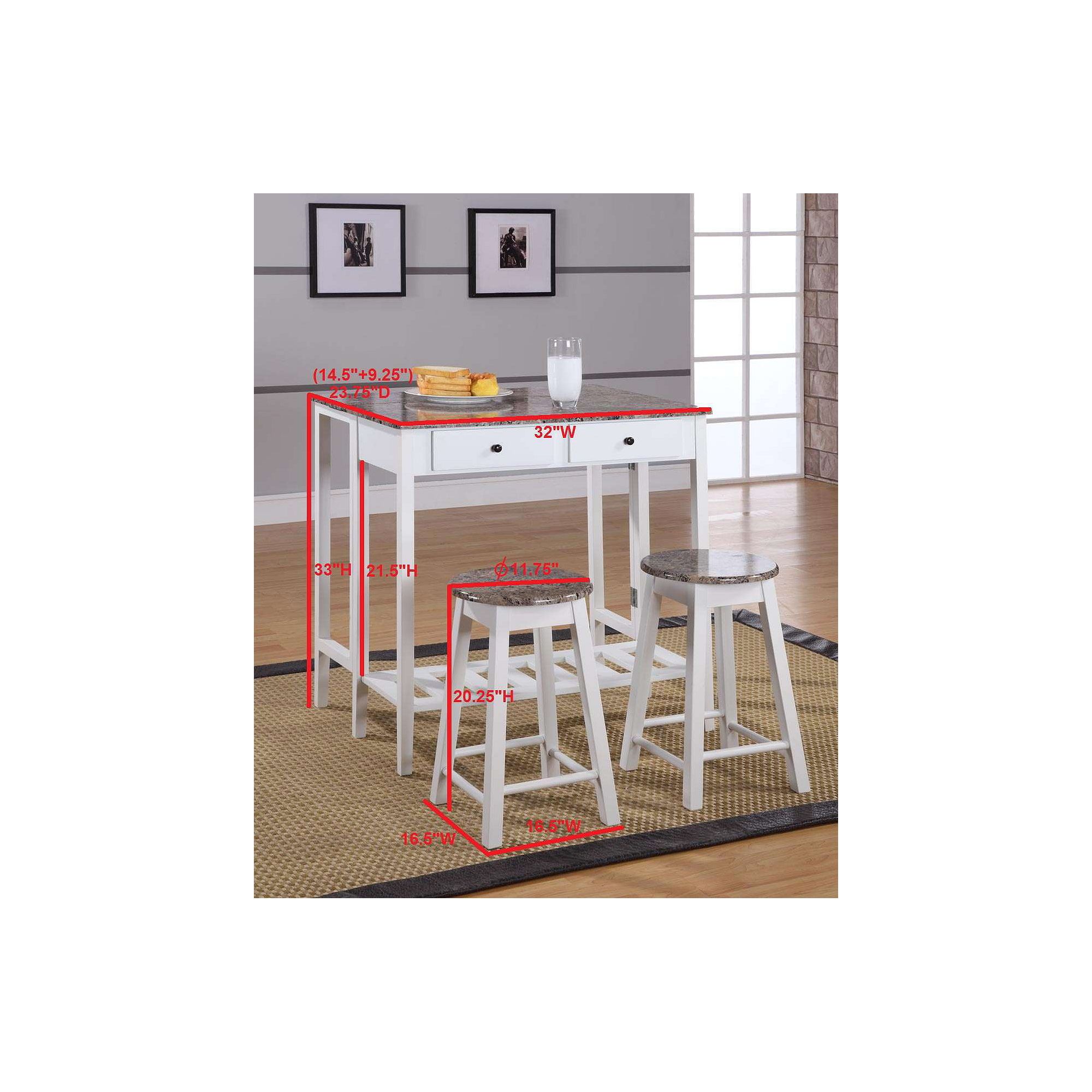 Pub table and two stools with labeled dimensions