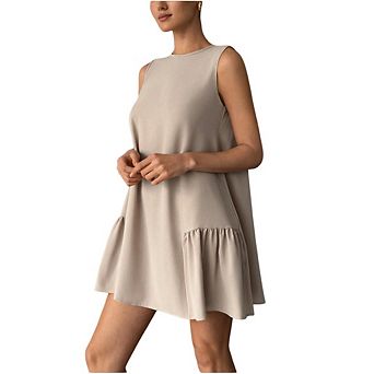 Womens Sleeveless Ruffle Smock Dress Cute Casual Mini Round Neck Dress