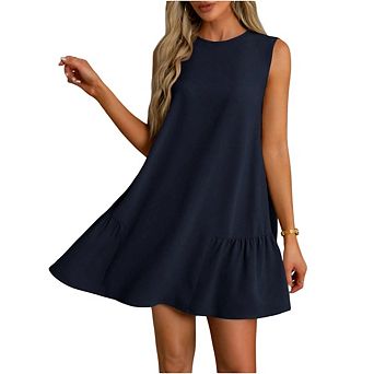 Womens Sleeveless Ruffle Smock Dress Cute Casual Mini Round Neck Dress