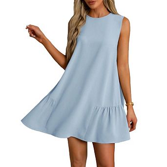 Womens Sleeveless Ruffle Smock Dress Cute Casual Mini Round Neck Dress