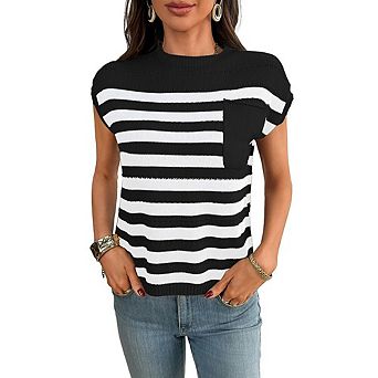 Cap Sleeve Tops for Women Stripes Shirts Casual Crew Neck Tank Loose Fit Summer Top with Pockets