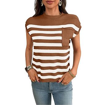 Cap Sleeve Tops for Women Stripes Shirts Casual Crew Neck Tank Loose Fit Summer Top with Pockets
