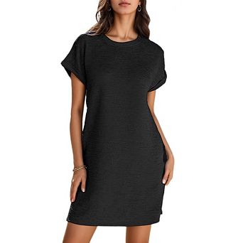 Womens Fashion Dresses Short Sleeve Cuff Roll Dress Crewneck with Pocket Casual Beach Vacation
