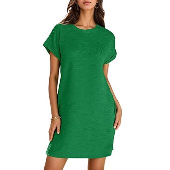 Womens Fashion Dresses Short Sleeve Cuff Roll Dress Crewneck with Pocket Casual Beach Vacation