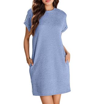 Womens Fashion Dresses Short Sleeve Cuff Roll Dress Crewneck with Pocket Casual Beach Vacation