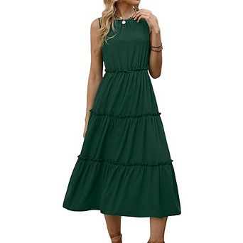 Womens Sleeveless Halter Neck Flowy Midi Sundress Casual Spring Beach Vacation Summer Dress