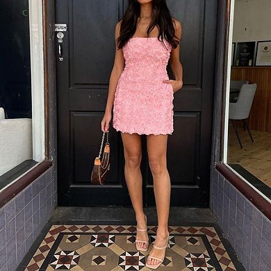 Womens Strapless Mini Dress Short Bodycon Off Shoulder Stretchy 3D Floral Appliques