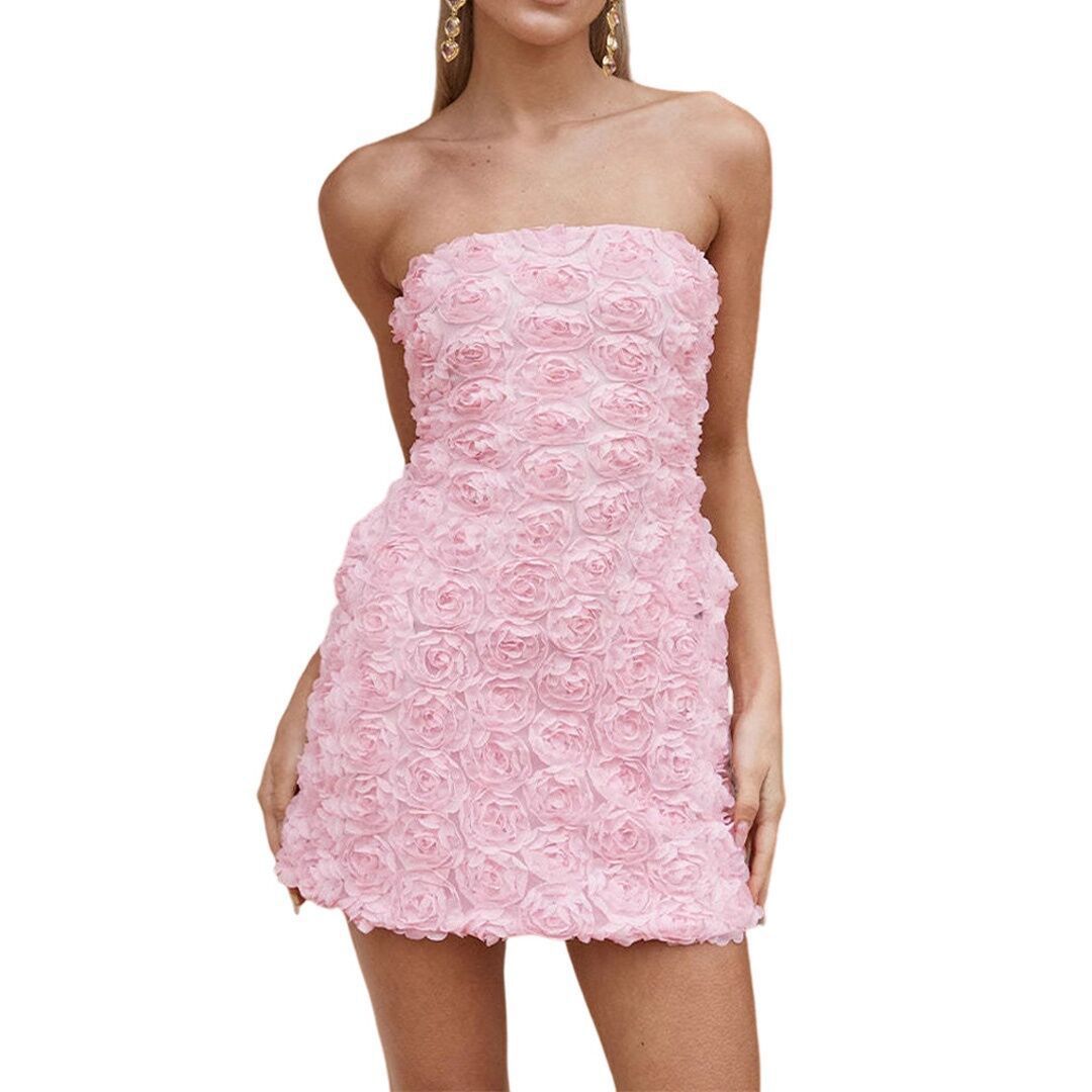 Женские платья Strapless Mini Dress Short Bodycon Off Shoulder Stretchy 3D Floral Appliques