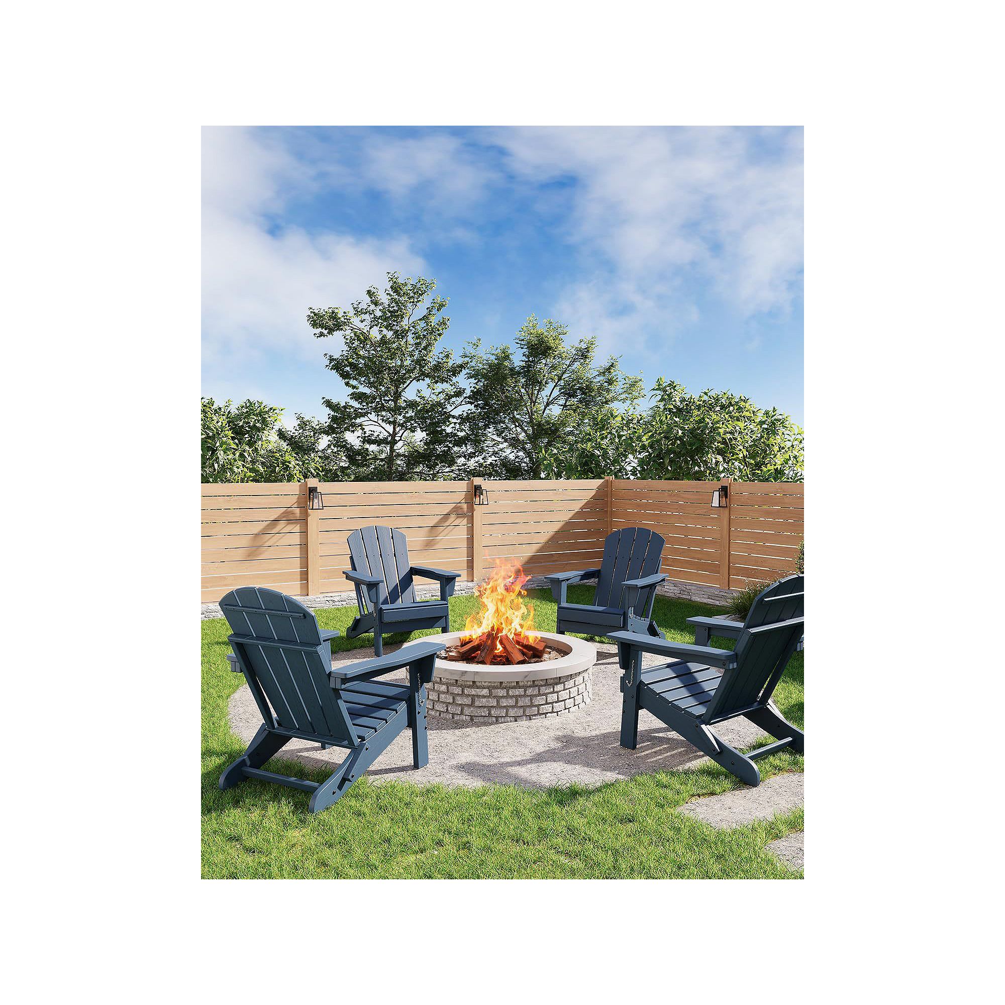 Set of folding adirondack rocking chairs in blue-gray around a fire pit